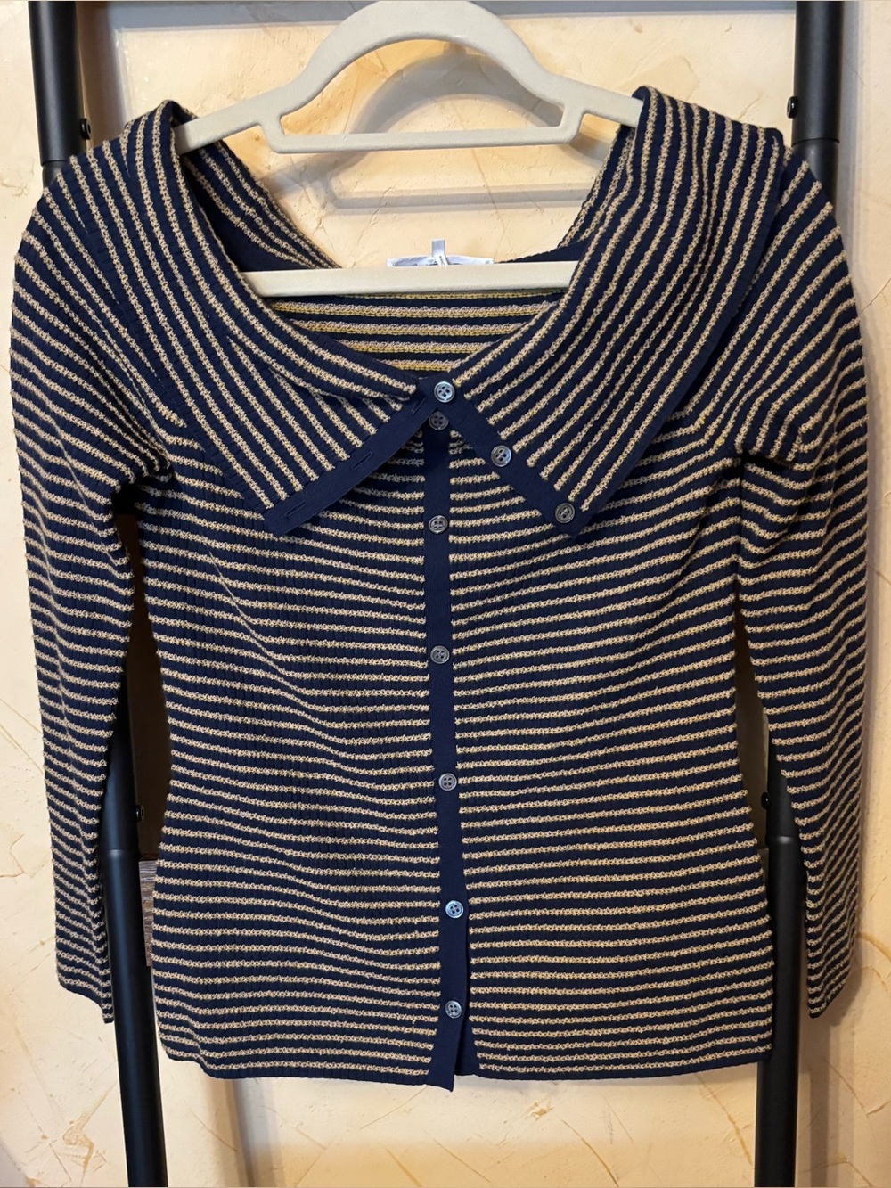 Frame Striped Navy and Cream Button-Up Sweater Top size s